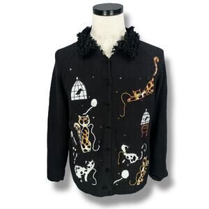 Vintage All Points Cardigan Sweater Women’s Medium Black Cat Kittens Embroidered